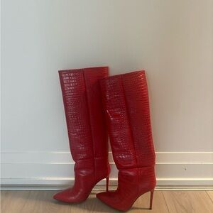 Red Paris Texas Croc-Embossed Knee-High Boots